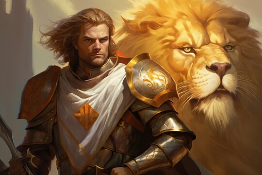 Medieval Knight in Armor with Lion Background