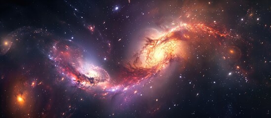 Galaxies combining and exchanging matter, forming a merger with interstellar gas and numerous stars.