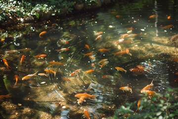 Within the Peaceful Embrace: Beautiful Goldfish Flourish in a Pond