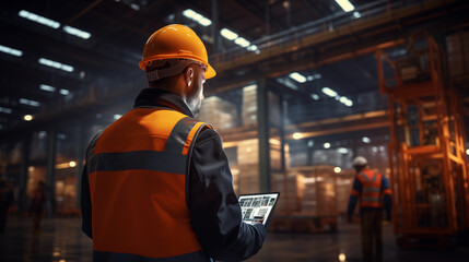 Smart Augmented Reality, AR warehouse management system. Worker hands holding tablet on warehouse as background - 736544597