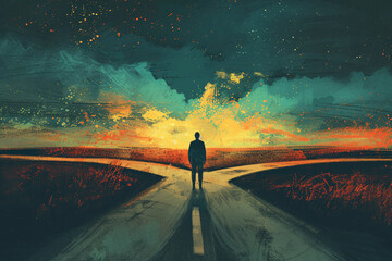 A person standing at a crossroads, depicting the concept of indecision, making decisions, or choosing a career path