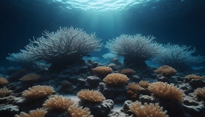 A coral reef with various corals under the ocean with sunlight penetrating the water from above