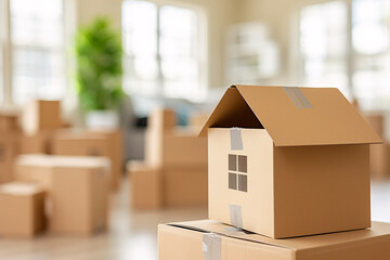 Moving into a new home concept, buying a house, moving boxes in a new place