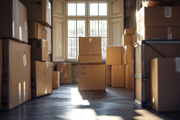 Moving into a new home concept, buying a house, moving boxes in a new place