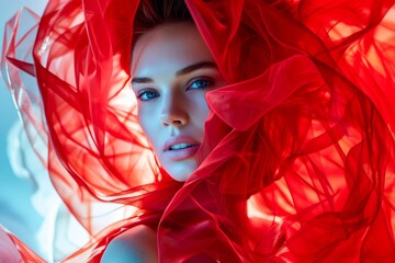 A mysterious woman exudes confidence and allure as she dons a striking red cloth, highlighting her bold lipstick and captivating fashion sense