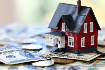 Miniature house and golden coins, depicting the concept of real estate investment, buying a new house, or taking on a mortgage 