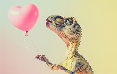A prehistoric creature defies its size by grasping onto a delicate pink balloon, as if yearning to take flight like the modern aircraft it sees in the sky