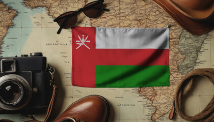 Oman flag lies on the map surrounded by camera, glasses, travel and tourism concept