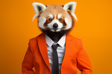 Anthropomorphic Red Panda in Orange Business Attire: Monochromatic Corporate Workplace Studio Shot...