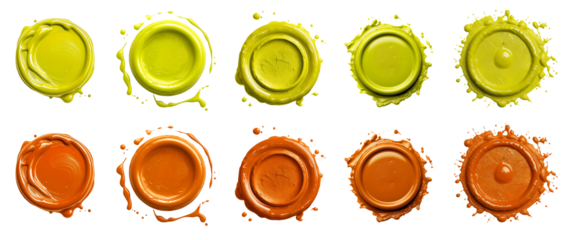 2 Collection set of yellow orange mustard, wax seal stamp blob ink paint on transparent background cutout, PNG file. Many different design. Mockup template artwork graphic