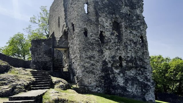View Towards Castleton village Through The Grounds Of Peveril Castle or footage shows Castle and surrounds, Derbyshire,