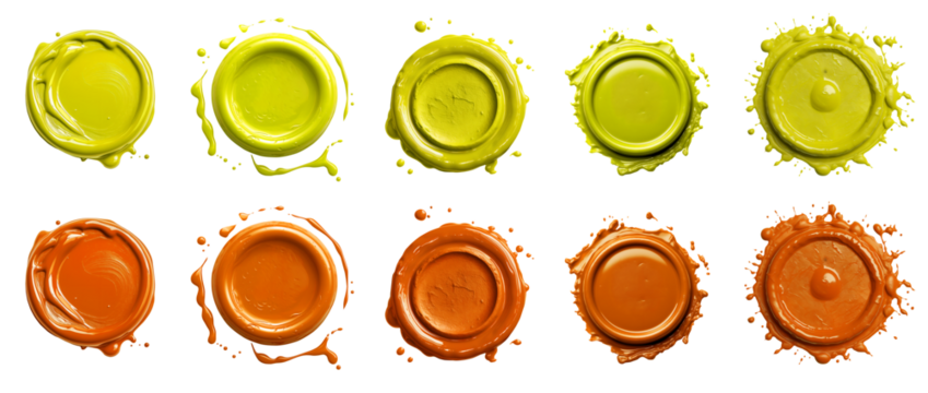 2 Collection set of yellow orange mustard, wax seal stamp blob ink paint on transparent background cutout, PNG file. Many different design. Mockup template artwork graphic