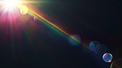 Creative black background with rainbow flare overlay. Colorful streaks of light, vibrant colors on background