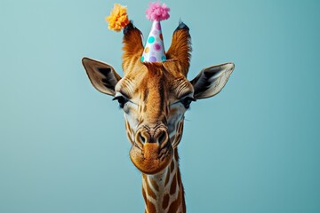 A majestic giraffe donning a vibrant party hat stands tall against the open sky, surrounded by blooming flowers, exuding a playful and whimsical charm