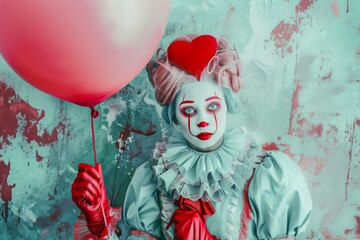 A cheerful clown, adorned in a bright red garment, playfully holds onto a vibrant balloon, bringing joy and excitement to the party - obrazy, fototapety, plakaty