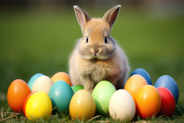 young rabbit and a eggs of different colors on a green meadow.