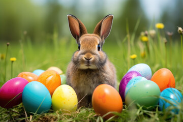 young rabbit and a eggs of different colors on a green meadow.