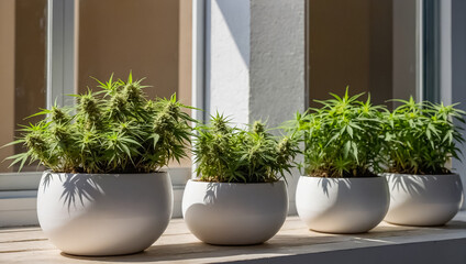 Flowerpot with marijuana plant on the windowsill