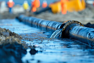 close-up of a pipeline with a leak. The leak is causing an oil spill, and there are cleanup crews in the background