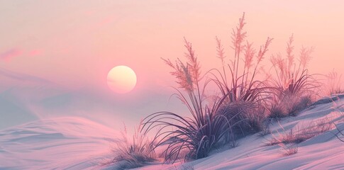 The winter sky blazes with the colors of a stunning sunset, casting a warm glow over the snow-covered grass and bringing new life to the dormant plants