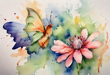 Butterfly with flowers watercolour painting 