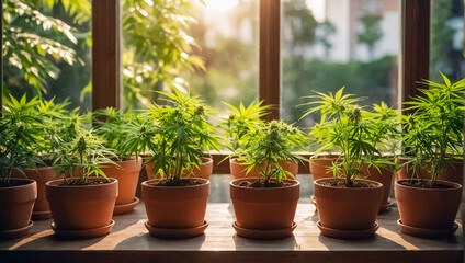 Flowerpot with marijuana plant on the windowsill organic