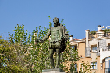 Monument to writer Miguel de Cervantes Saavedra on Plaza de las Cortes in Madrid, Spain