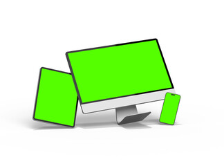 3D Render of smartphone tablet desktop with green screens on a transparent background