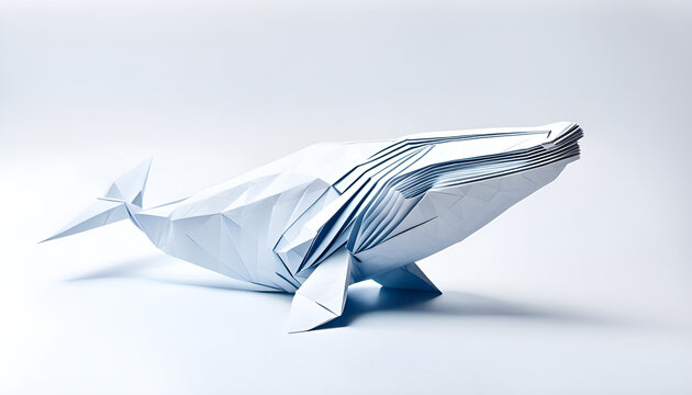 Blauwal Wal Meeressäuger mit Flossen in geometrischen Formen, wie 3D Papier in weiß Origami Falttechnik Tier Logo Vorlage wildlebende Tiere, Ozean, Meer, Karibik, Jäger, Wildnis Einzelgänger riesig