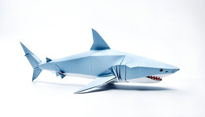 Hai mit Flossen und scharfen Zähnen Fisch in geometrischen Formen, wie 3D Papier in weiß Origami Falttechnik Tier Logo Vorlage wildlebende Tiere, Ozean, Meer, Karibik, Jäger, Wildnis Einzelgänger