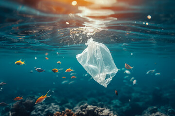 close-up of a plastic bag in the ocean. The bag is floating in the water, and there are fish...