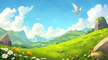 Naklejka premium Children's Book Landscape Illustration: Rolling Hills and Birds in Blue Sky