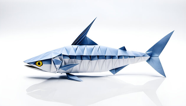 Makrele Schwarmfisch mit Flossen Fisch in geometrischen Formen, wie 3D Papier in wei&szlig; Origami Falttechnik Tier Logo Vorlage wildlebende Tiere, Ozean, Meer, Fischfang, Schuppen, Gr&auml;ten, Konserven 