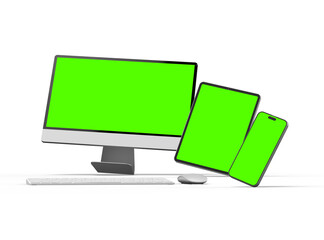 3D Render of smartphone tablet desktop with green screens on a light background