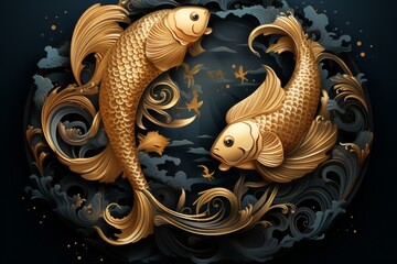 Beautiful pisces zodiac sign shining in gold on black background, vector illustration