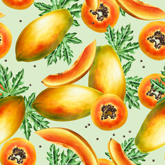 Marker seamless pattern with sweet ripe slice of papaya with grains, tropical leafs in watercolor style. Hand drawn realistic tasty organic illustration of exotic tropical fruit isolated on back