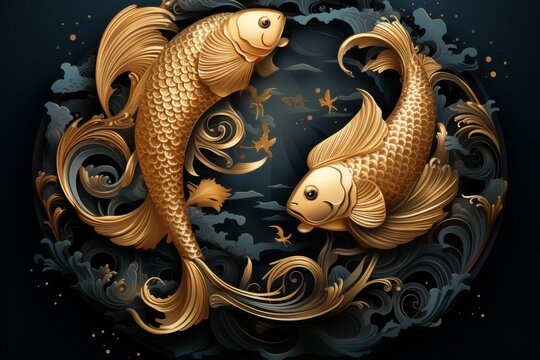 Beautiful pisces zodiac sign shining in gold on black background, vector illustration