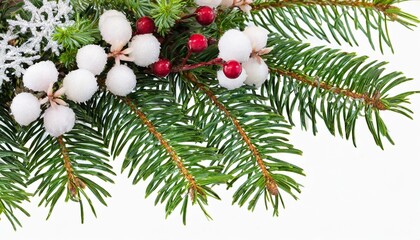 Fototapeta na wymiar green christmas pine twigs and snowberries in a festive corner arrangement isolated on white or transparent background