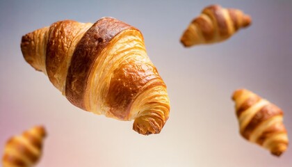 advertisement studio banner with freshly baked french butter croissants flying in ther on pastel gradient background food ingredient levitation