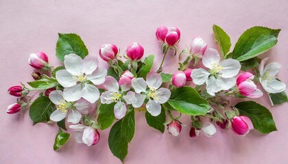 Fototapeta na wymiar pink and white flowers buds and leaves apple tree on a pink paper background top view flat lay