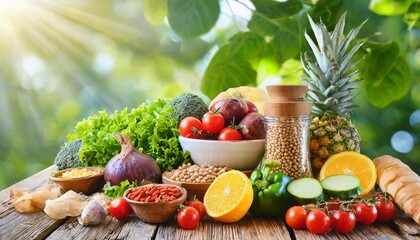 composition with assorted organic food products on wooden table