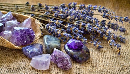 beautiful amethyst stones and amethyst druze with a dry bouquet of lavender against a background of coarse burlap fabric magic amulets