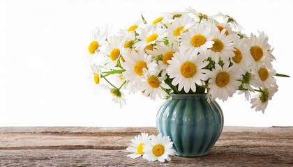 bouquet of fresh wild daisies in vase isolated on white