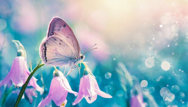 dreamy spring bellflowers bloom butterfly close up sunlight panorama spring floral mixed media art delicate artistic toned image pastel blue pink toned macro with soft focus nature background