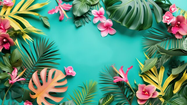 Turquoise Background with Tropical Flowers and Foliage around the Outskirts of Image