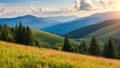carpathian countryside scenery in late summer grassy pastures on the rolling hills of mountainous landscape sunning view in evening light - obrazy, fototapety, plakaty