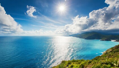 blue sea or ocean with sunny and cloudy sky