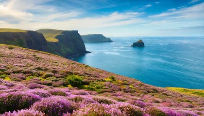 blooming purple heather cliffs and sea isle of man