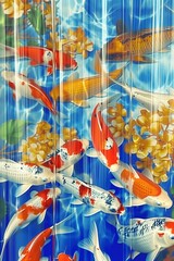Group of golden carp coi swimming in an river bank. Several colored carp koi in blue water, copy space, sunlight, light refractions. Year of the fish according to the eastern calendar.