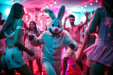 A lively group of people, clad in vibrant magenta clothing, are dancing and partying in a furry-filled nightclub, creating an electrifying and entertaining atmosphere at the indoor event